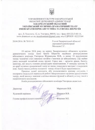 Колективи муздрамтеарту та музичного училища стали на захист Василя Марюхнича (ДОКУМЕНТ)