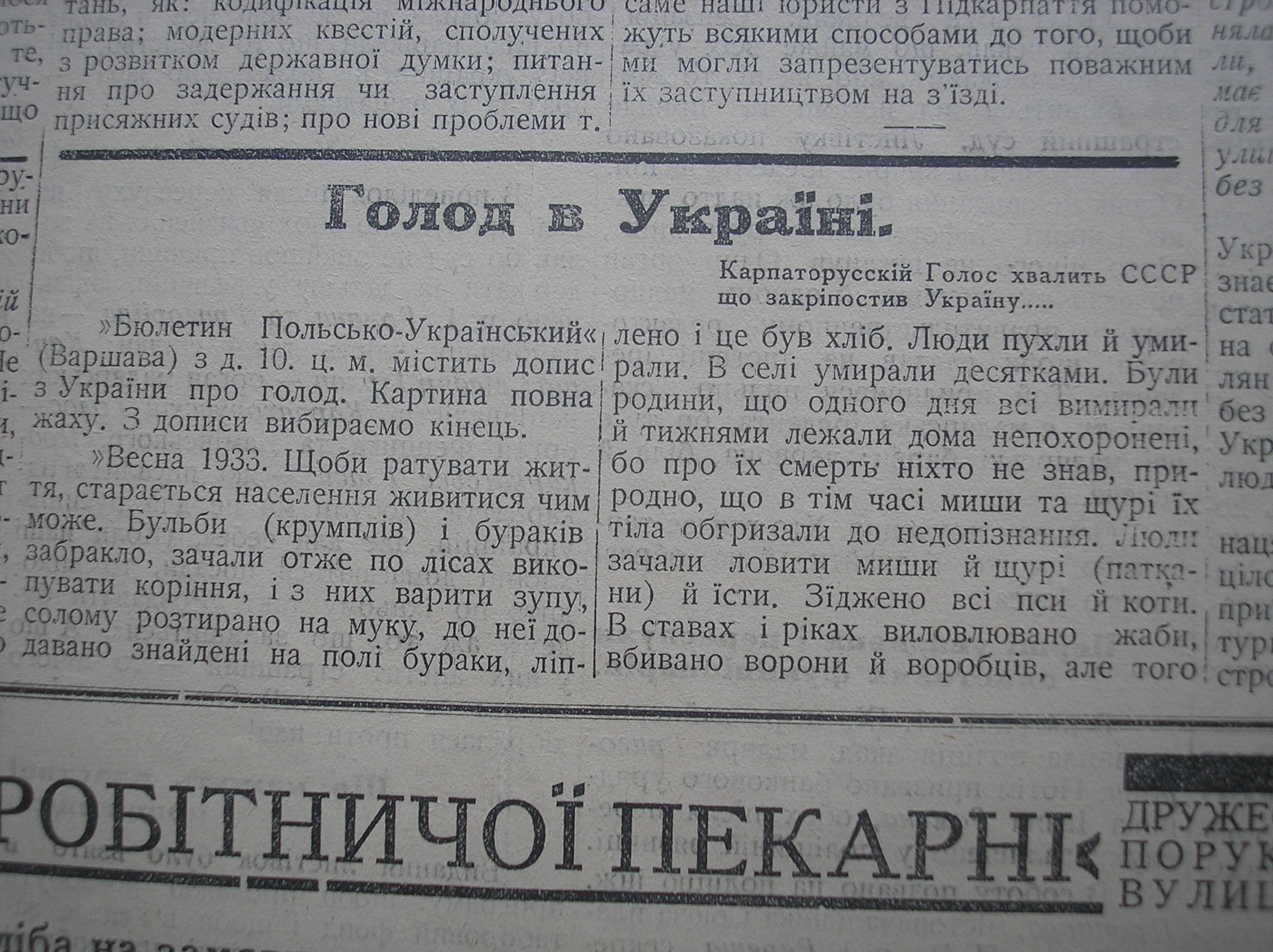 Про голод на Великій Україні в Підкарпатській Русі писали всі газети. Заперечували лише комуністи