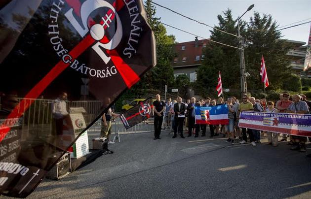 Мітинг "Йоббіка" в Будапешті проти мобілізації закарпатських угорців проходив у присутності русинських триколорів (ФОТО)