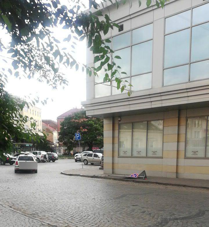 У центрі Ужгорода водій "Мерседеса" "збив" дорожній знак і поїхав геть (ФОТО)