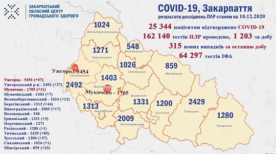 315 випадків COVID-19 виявлено на Закарпатті за добу, 2 людей померло