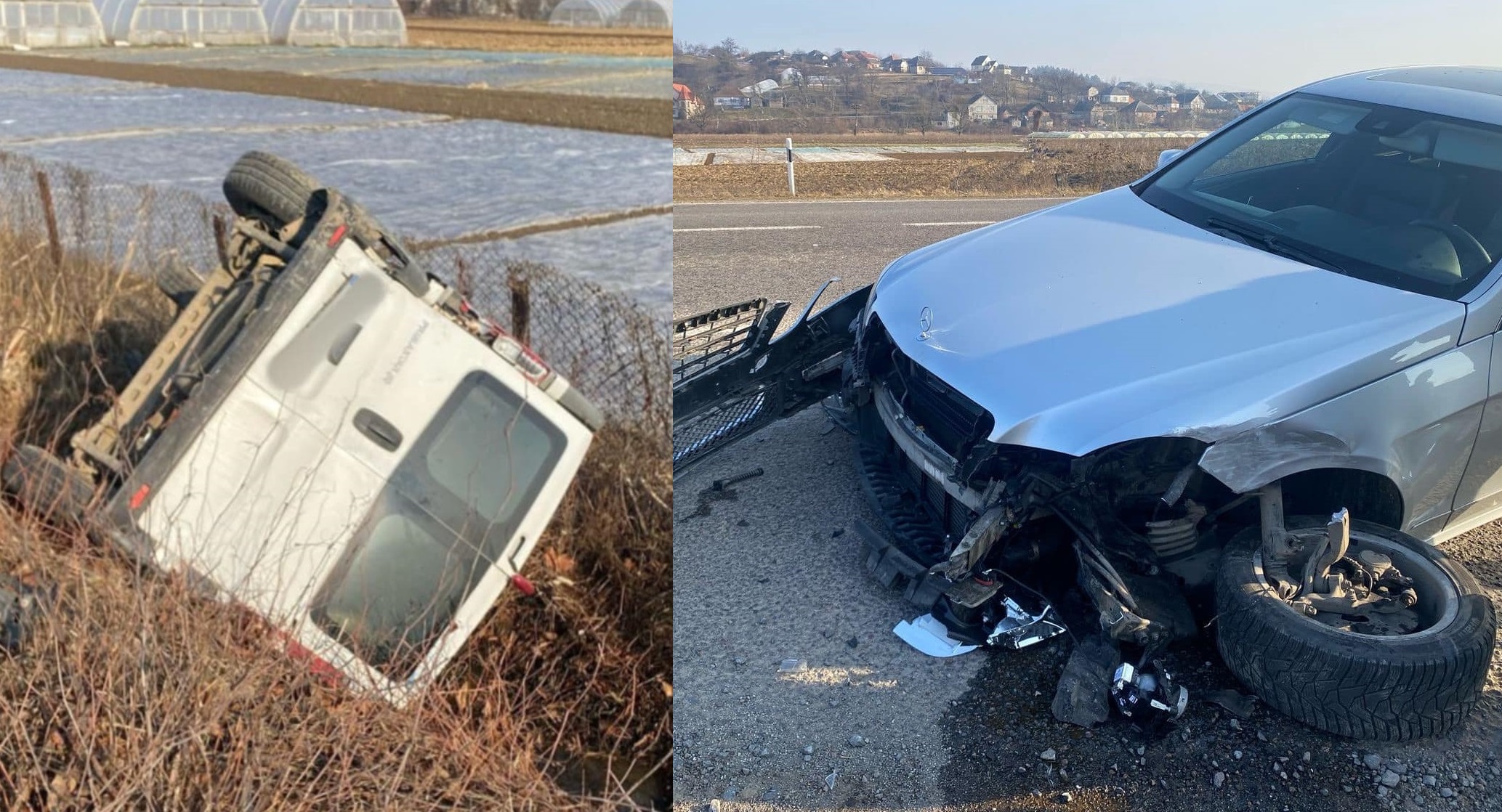 У Заріччі на Хустщині  Nissan при обгоні зіткнувся з Mercedes-ом на зустрічній смузі і перекинувся у кювет (ФОТО)